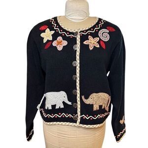 Orvis Cardigan Sz. L Appliqué Flowers & Elephants Vintage Chunky Ramie